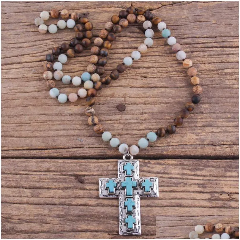 Pendant Necklaces Pendant Necklaces Fashion Bohemian Jewelry Accessory Mti Natural Stones Knotted Metal Blue Cross Necklace Women Boho Dhwsp