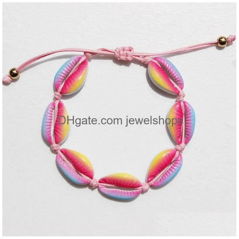 Charm Bracelets Handmade Shells Jewelry Knitted Bracelets Rainbow Colorf Hand Knit Girls Beads Strand Adjustable Bangles Braided Charm Dhsyp