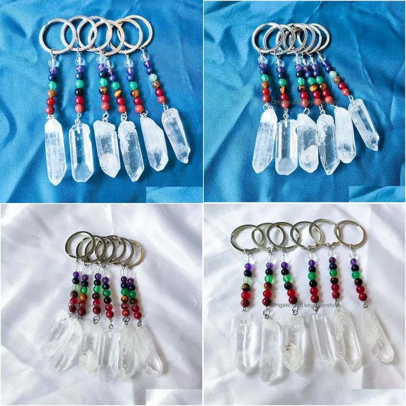 Keychains & Lanyards Natural Stone White Crystal 7 Chakra Beads Key Rings Chains Keychains Healing Keyrings For Women Men Drop Deliver Dhhve