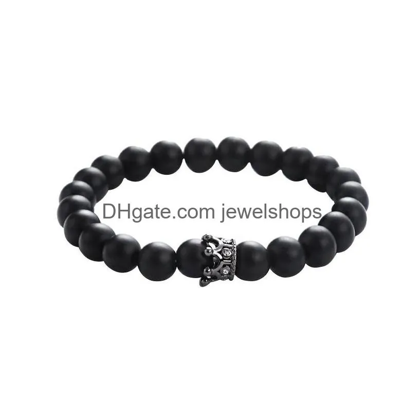 Beaded Cubic Zirconia Crown Beads Bracelet Men Black Volcanic Lava Reiki Healing Nce Strand Buddha Prayer Natural Stone Yoga For Drop Dhdsn