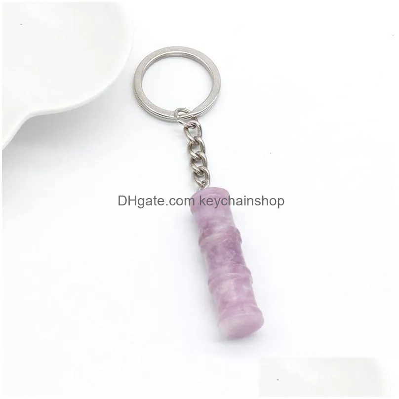 Keychains & Lanyards Natural Stone Bamboo Joint Shape Key Rings Crystal Quartz Fluorite Lapis Amethyst Pendant Keychain Keyring Charms Dhk5H