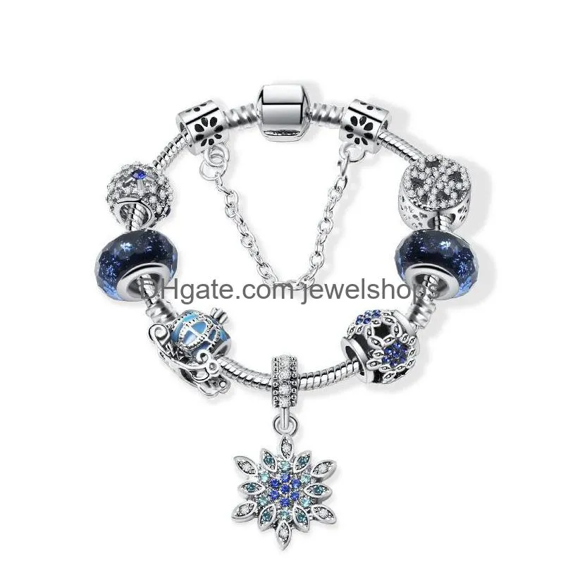 Charm Bracelets Pandor Beaded Charm Bracelets Crystal Beads Strands Blue Sky Snowflake Pumpkin Cart Pendant Bangle Women Christmas Gif Dh1Tb