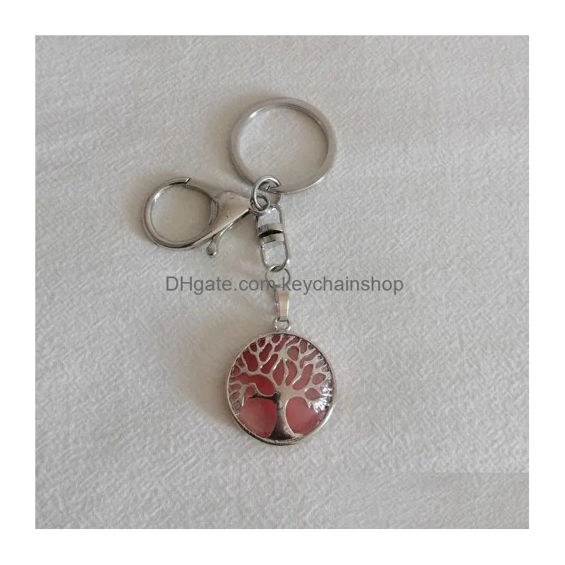 Keychains & Lanyards Tree Of Life Pattern Reiki Healing Natural Stone Keychains Chakra Amethyst Pink Rose Crystal Key Rings Keyrings W Dhida