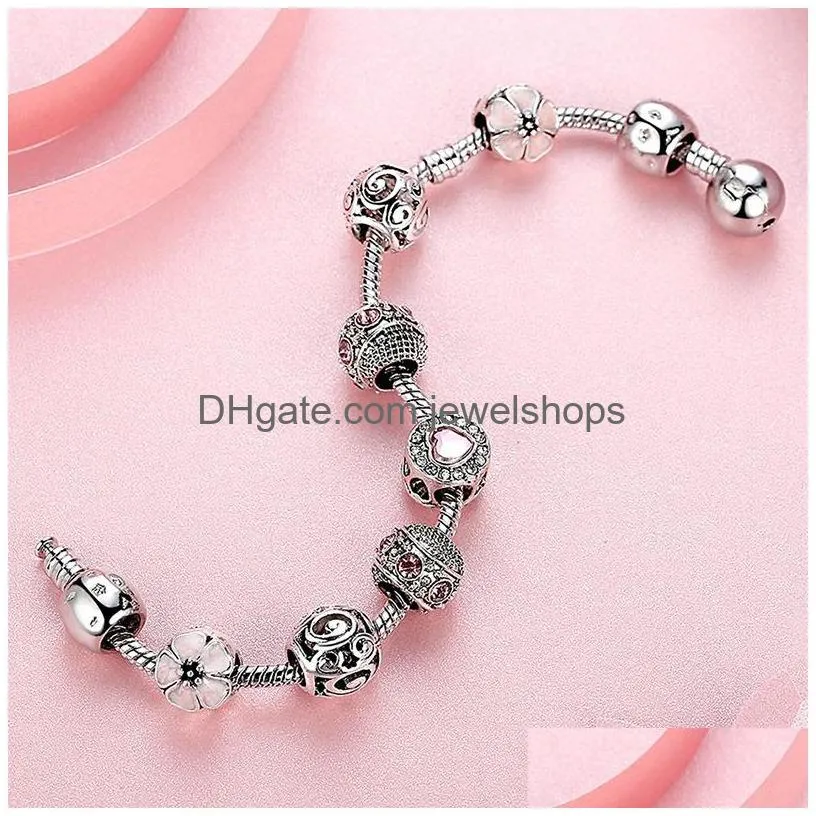 Charm Bracelets Pink Sakura Flower Bracelets  Designs 925 Sier Fashion Love Heart Shaped Crystal Rhinestone Opal Beaded Charm Dhswb