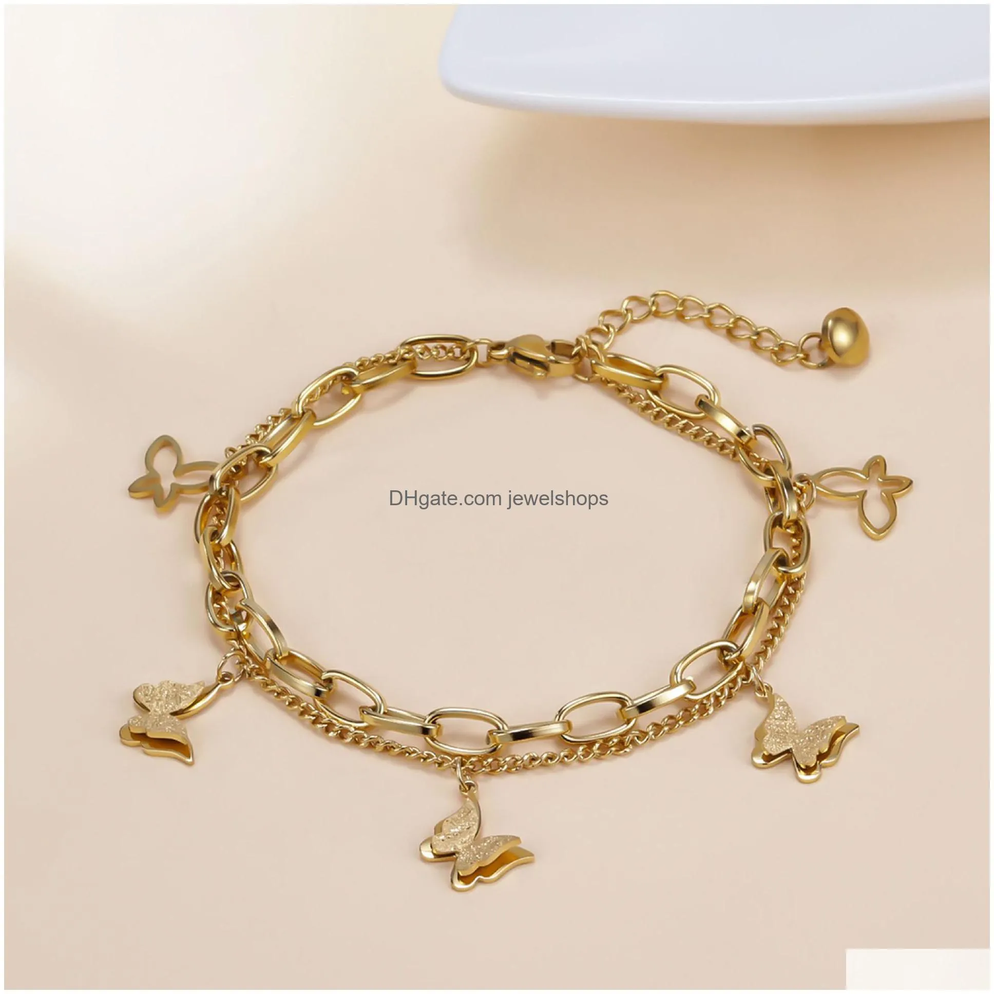 Charm Bracelets Frosted Butterfly Charm Bracelets Double Layer Not Fade 18K Gold Plated Titanium Steel Link Chain Bangles Women Fashio Dh9Ay