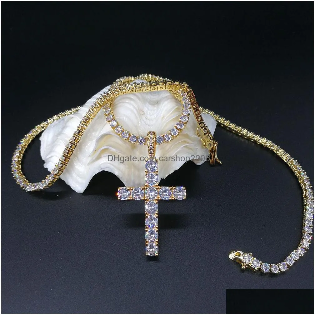 shining diamond stone cross pendants necklace jewelry platinum plated men women lover gift couple religious jewelry