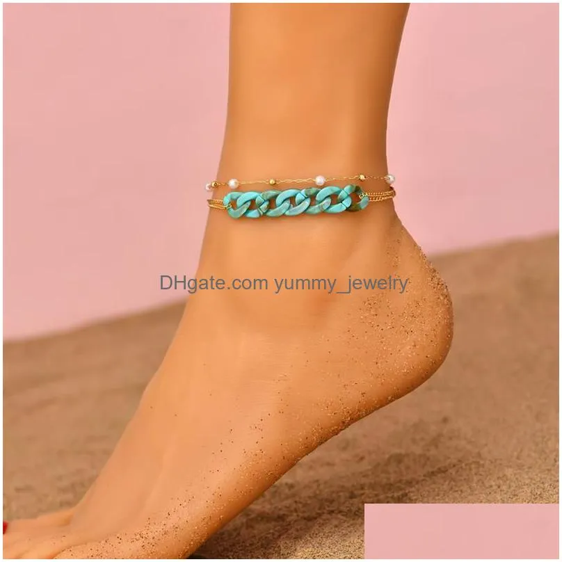 Anklets Anklets 2Pcs/Set Boho Geometric Acrylic Chain Chunky For Women Vintage Mtilayer Imitation Pearl Beads Ankle Bracelets Jewelry Dhj8U