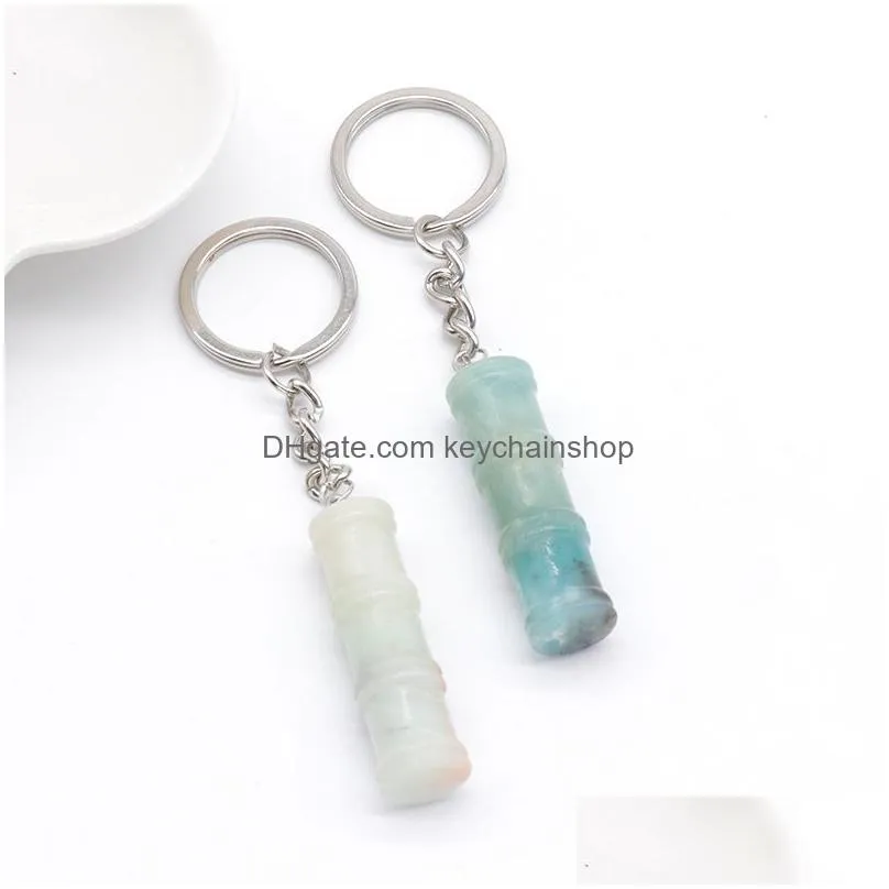 Keychains & Lanyards Natural Stone Bamboo Joint Shape Key Rings Crystal Quartz Fluorite Lapis Amethyst Pendant Keychain Keyring Charms Dhk5H