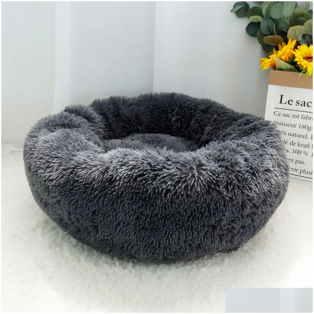 Warm Fleece Kennel Soft Round Dog Bed Winter Cat Sleeping Mat Sofa Puppy Small Dogs Cushion House For Pet Y200330