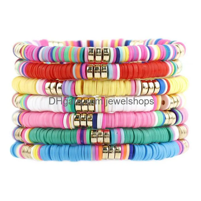 Beaded Surfer Heishi Bracelets Beaded Strands For Women Stackable Rainbow Vinyl Disc Clay Beads Stretch Elastic Layering Friendship Br Dhz6B