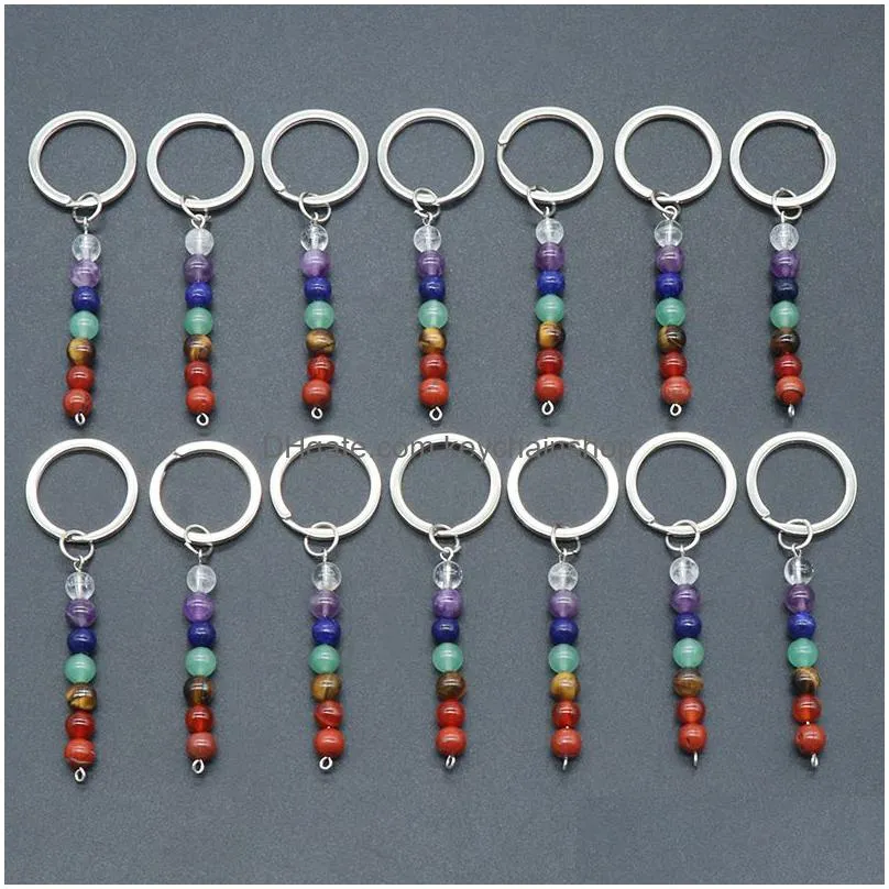 Keychains & Lanyards Natural Crystal Key Rings Colorf 7 Stone Beads Metal Keychain Jewelry Bags Pendant Diy Accessories Wholesale Drop Dhgfv