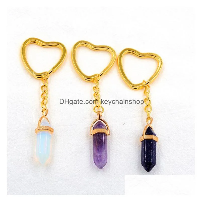 Keychains & Lanyards Gold Hexagon Prism Reiki Healing Natural Stone Keychains Chakra Amethyst Pink Rose Crystal Heart Key Rings Keyrin Dhcps