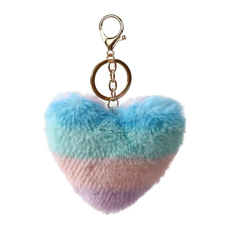 Heart Rainbow Keychain Party Supplies Plush Balls Key Chains Decorative Pendant For Women Bag Keychains Accessories Car Keyring Drop D Dhxf1