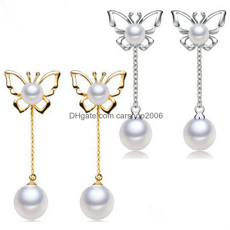 s925 silver pearl butterfly dangle earrings jewelry with 925 silver ear plug four wearing methods