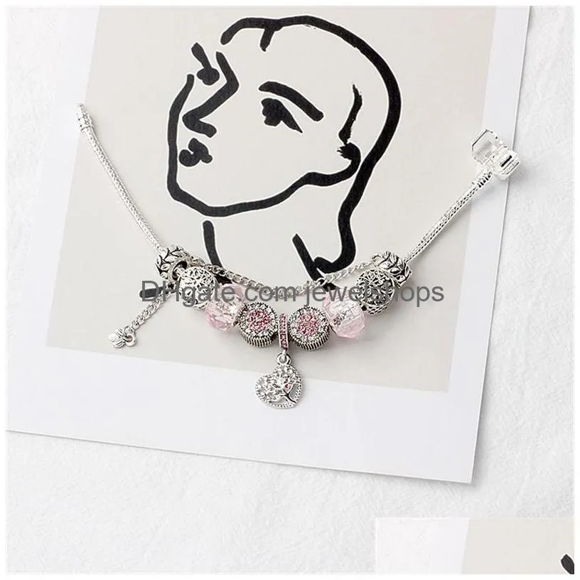 Charm Bracelets Pink Bracelets Bangles Pandor Heart Pendant 925 Sier Snake Chain Bracelet Fashion Crystal Beads Charm Jewelry For Drop Dhfdv