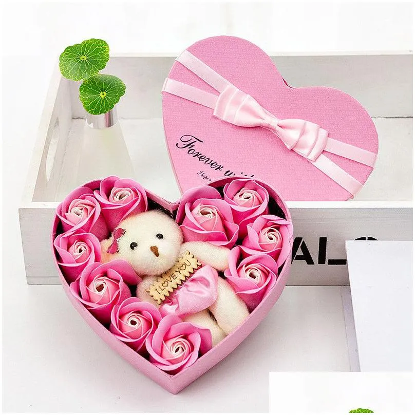 Valentine Flower Soap Rose 10Pcs Heart Scented Bath Body Petal Case Wedding Decoration Gift Festival Box Drop Delivery Dhsgt