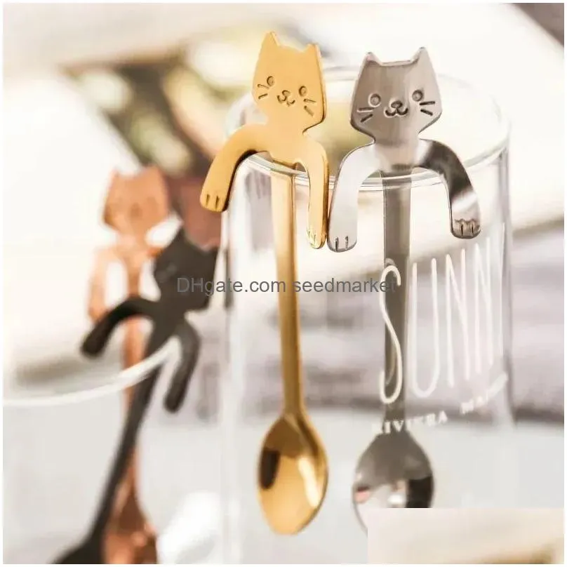 stainless steel coffee tea spoons long handle creative mini cat spoon drinking tools kitchen gadget flatware tableware 1011