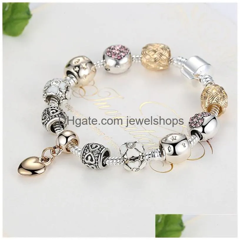 Charm Bracelets Sier Gold Plated Flower Bracelets Girls  Design Star Love Heart Shaped Crystal Beads Charms Bangles Fashion Di Dhwaz