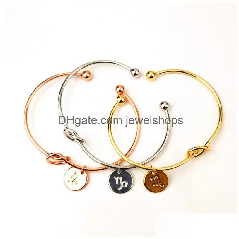 Bangle Knot Heart Bracelet Bangle Rose Gold Sier Color Zodiac Signs 12 Constellation Men Alloy Round Pendant Charm Chain Jewelry For D Dhiyd