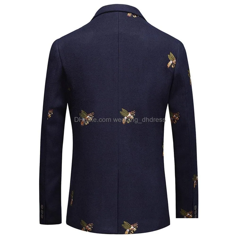 mens bee embroidery blazer slim fit wedding prom blazers tweed wool for men stylish suit jacket