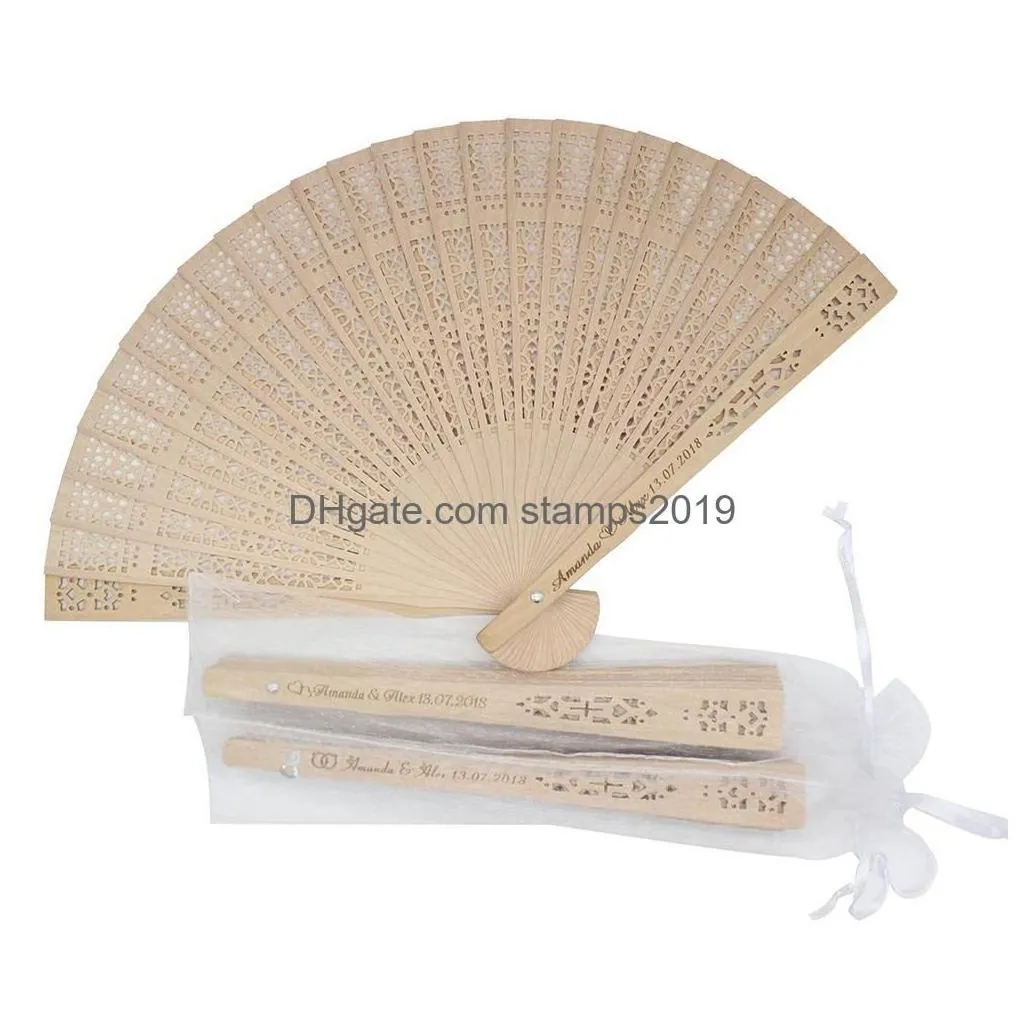 party favor 50pcs personalized engraved wood folding hand fan wooden fold fans customized wedding gift decor favors organza bag drop