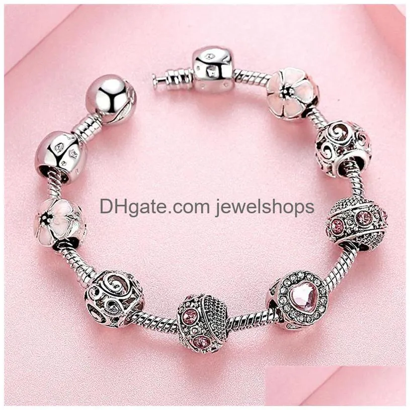 Charm Bracelets Pink Sakura Flower Bracelets  Designs 925 Sier Fashion Love Heart Shaped Crystal Rhinestone Opal Beaded Charm Dhswb