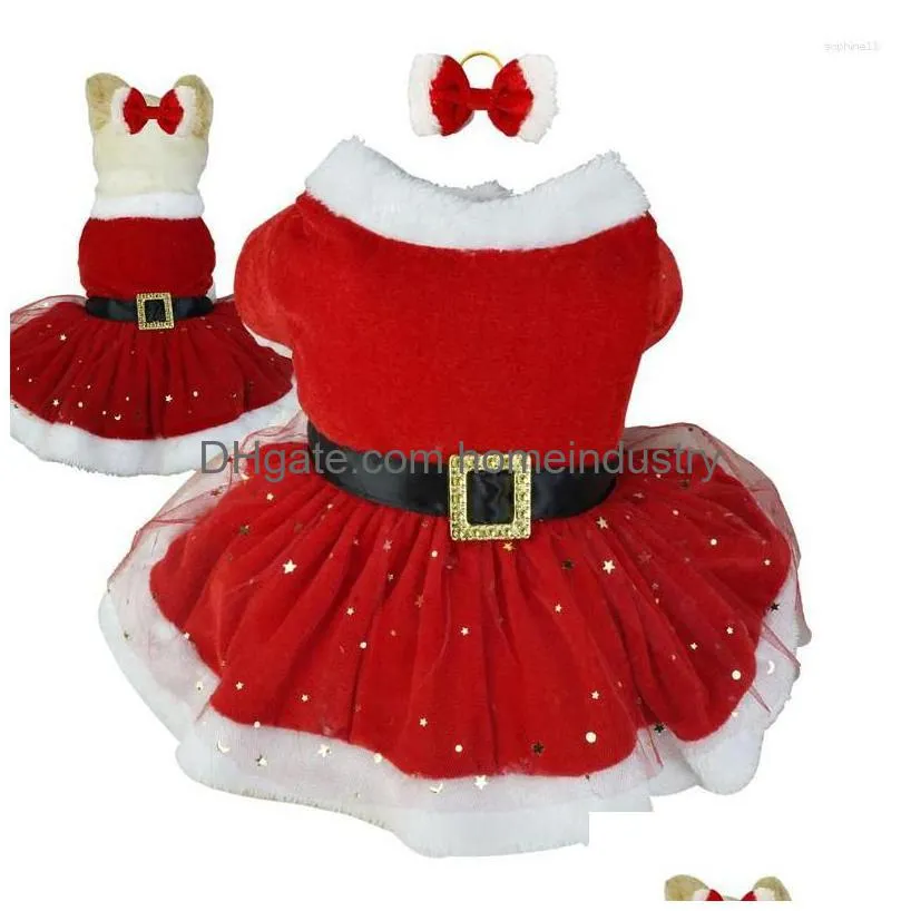 Dog Apparel Dog Apparel Pet Christmas Outfit Shiny Netting Santa Claus Costume Cute Girl Clothing Red Dresses Cat Holiday Drop Deliver Dhcyg