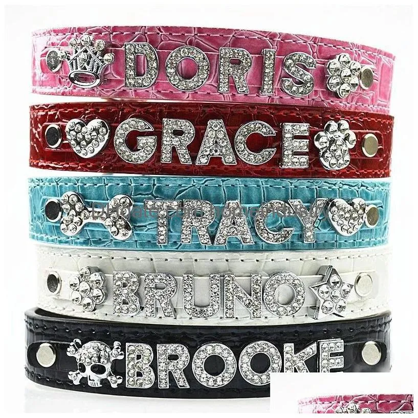 Dog Collars & Leashes Pu Leather Custom Dog Collars With Rhinestone Personalized Name Letters Diamante Jewelry Gems Diy Pet Tag Clogo Dhwpl
