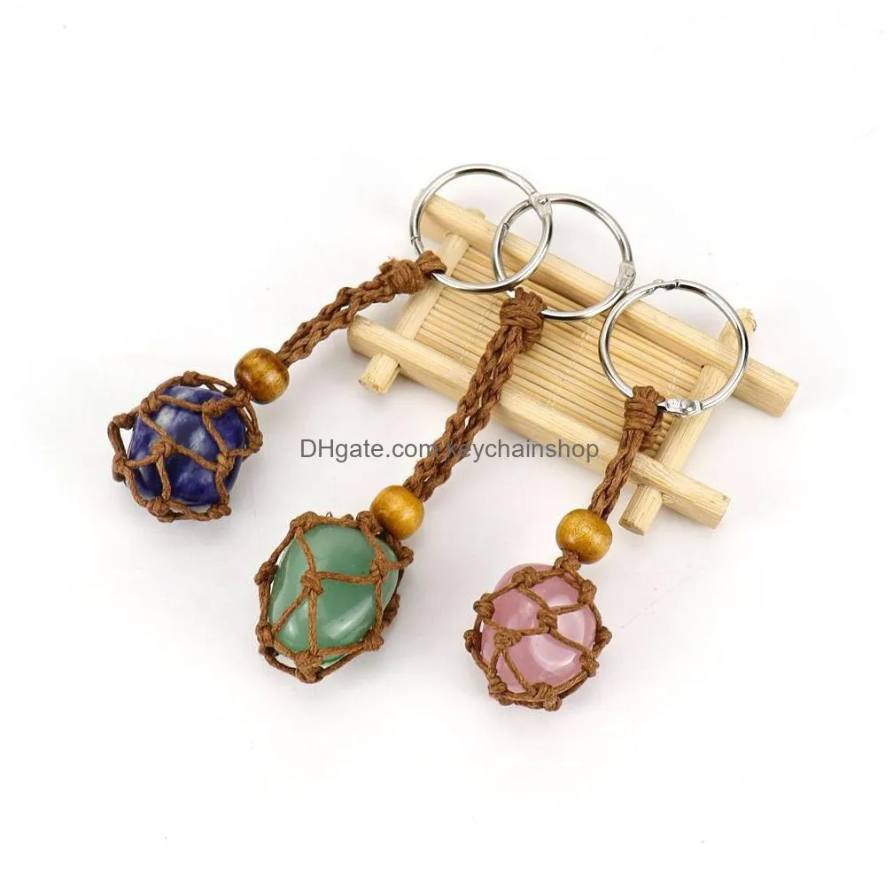 Keychains & Lanyards Brown Adjustable Cord Wax Rope Holder Key Rings Natural Quartz Crystal Healing Stone Net Bag Keychain Pendant Siz Dhfez