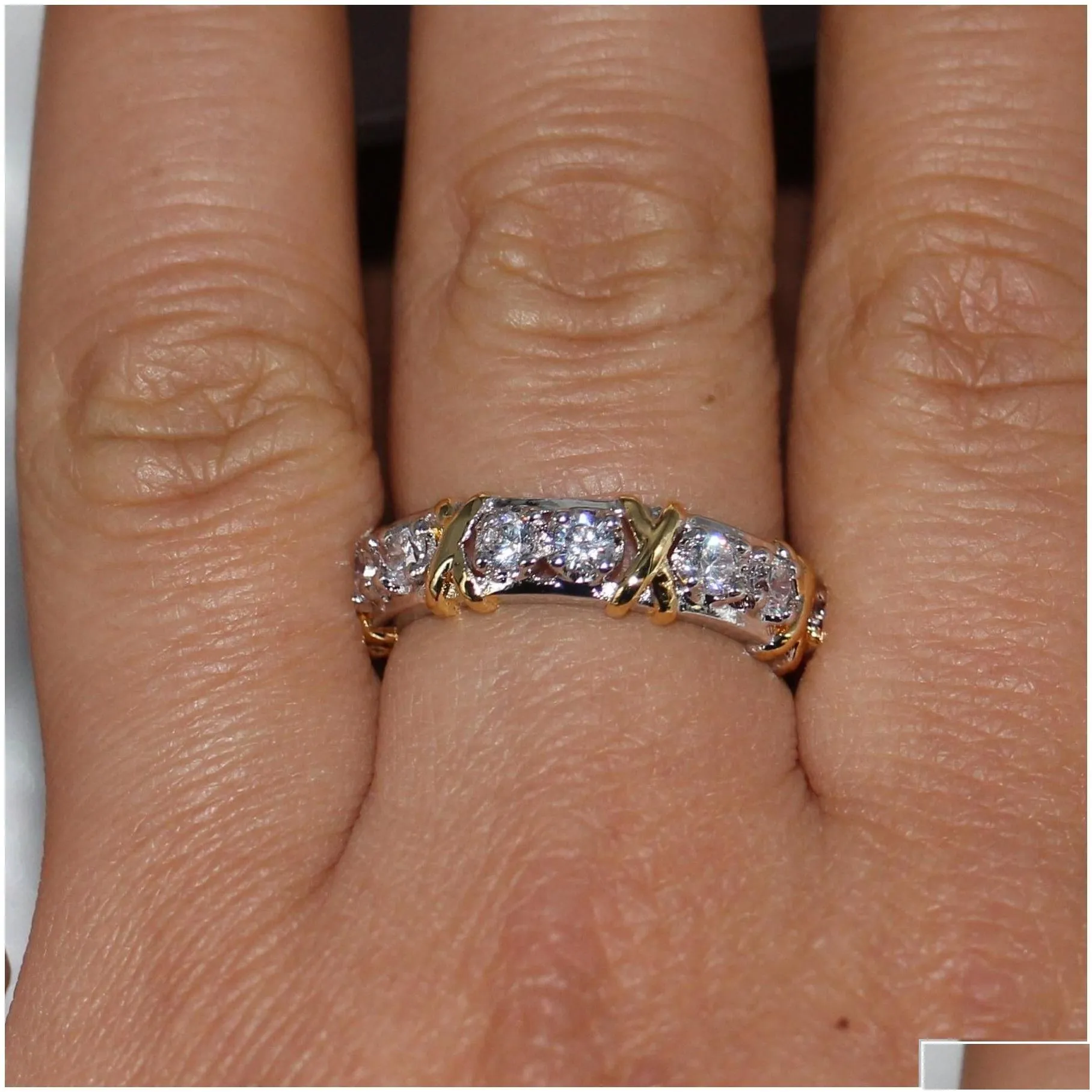 Wedding Rings Rings Wholesale Professional Eternity Diamonique Cz Simated Diamond 10Kt White Yellow Gold Filled Band Cross Ring Size 5 Dhbol