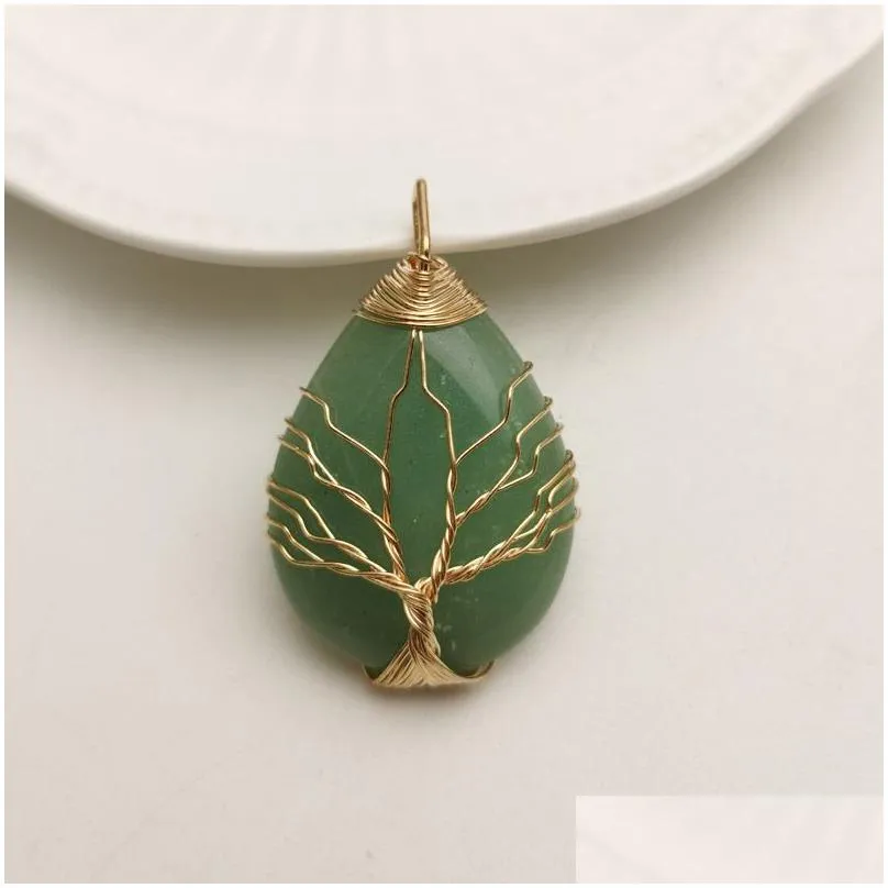 Pendant Necklaces Pendant Necklaces 1Pc Natural Amethyst Quartz Stone Pendants Handmade Wire Wrapped Gold Color Tree Of Life Drop Shap Dhhlq
