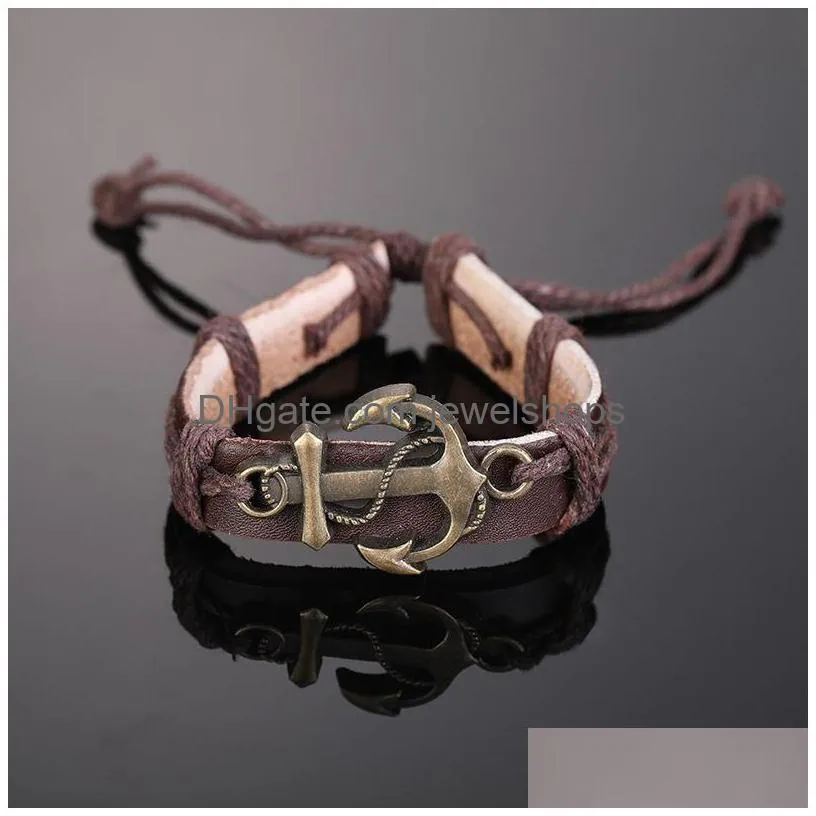 Charm Bracelets Mens Anchor Bracelets Charms Bangle Brown Leather Braided Animal Fashion Man Jewelry Handmade Adjustable Woven Bronze Dha0D