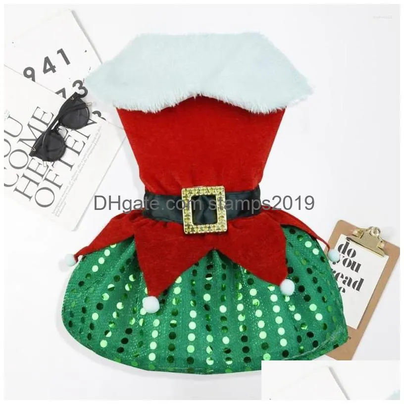 dog apparel colorblock pet dress festive santa claus up skirt sparkling sequin hem comfortable clothes for christmas holiday