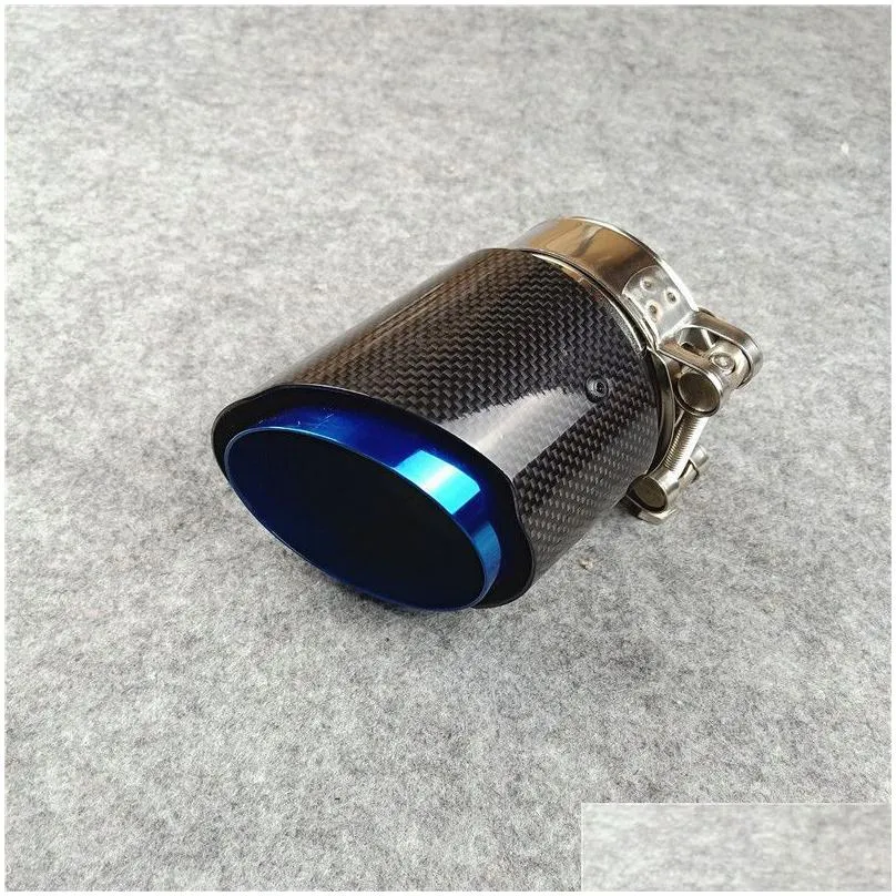 one piece 120mm long blue stainless steel exhaust muffler pipes auto glossy carbon car tail tips