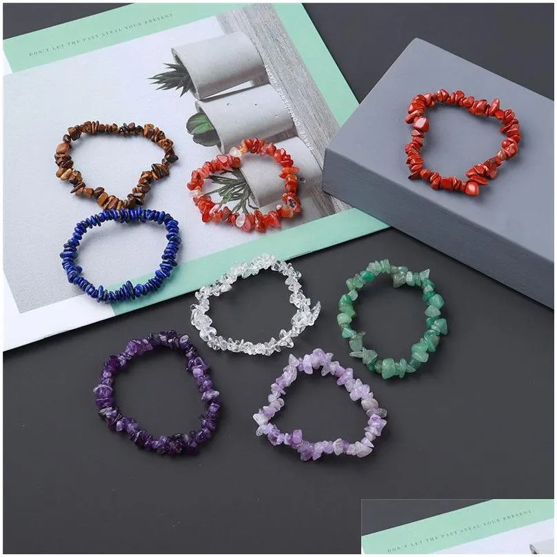 Women Natural Gem Crystal Stone Beads Bracelet Gravel Irregular Crystal Stretch Chip Nuggets Bangles Quartz Wristband