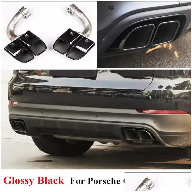 pair double turbo black stainless steel muffler pipes for porsche cayenne 2018-2019 polished style exhaust tips