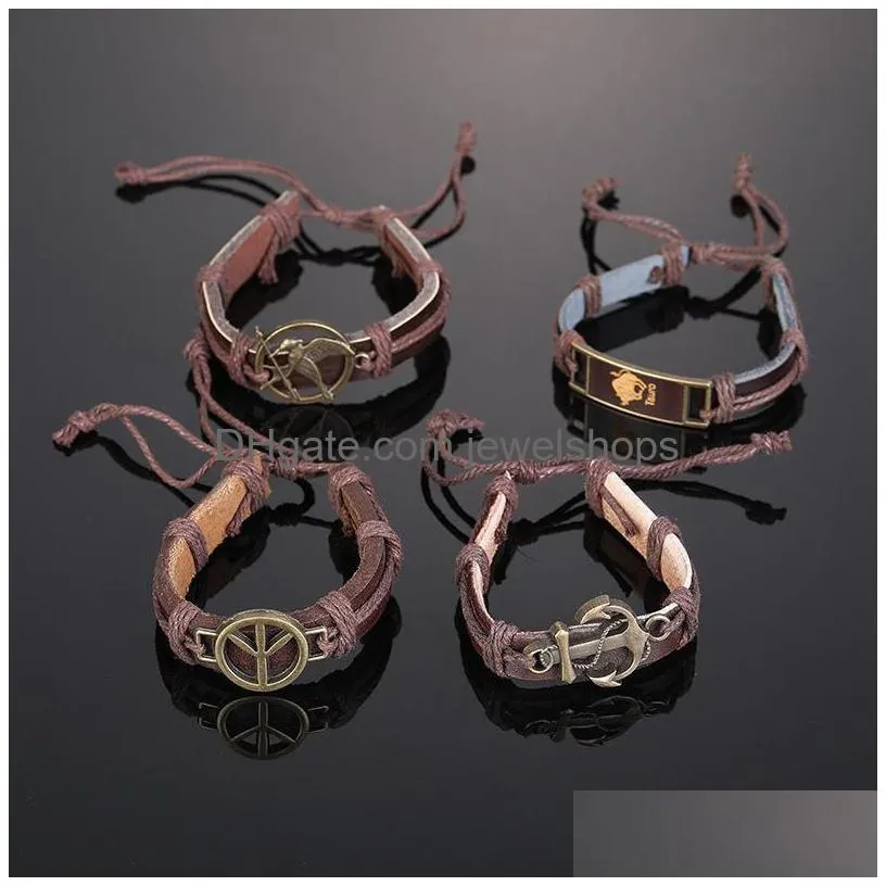 Charm Bracelets Mens Anchor Bracelets Charms Bangle Brown Leather Braided Animal Fashion Man Jewelry Handmade Adjustable Woven Bronze Dha0D