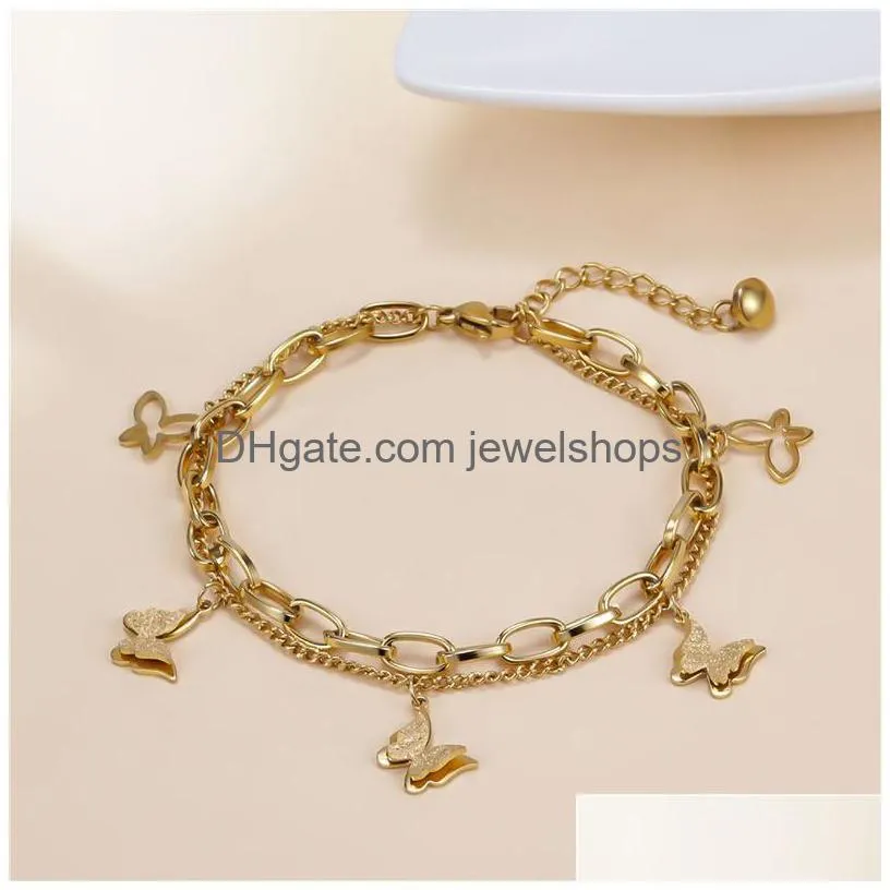 Charm Bracelets Frosted Butterfly Charm Bracelets Double Layer Not Fade 18K Gold Plated Titanium Steel Link Chain Bangles Women Fashio Dh9Ay