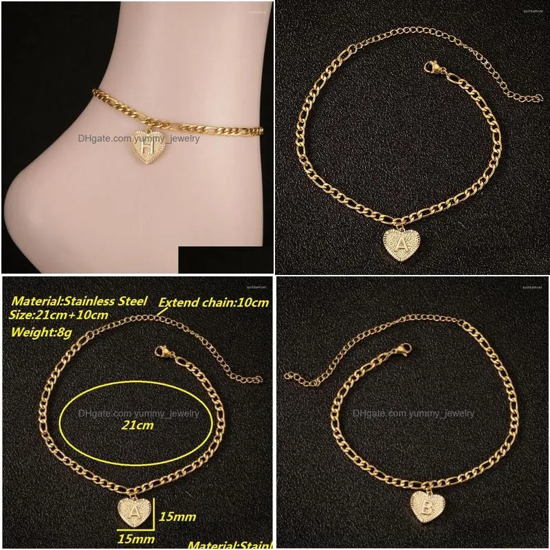 Anklets Anklets Tiny Heart A-Z Initial Letter For Women Gold Stainless Steel Alphabet Ankle Bracelet Boho Foot Jewelry Accesorios Drop Dh5Tx