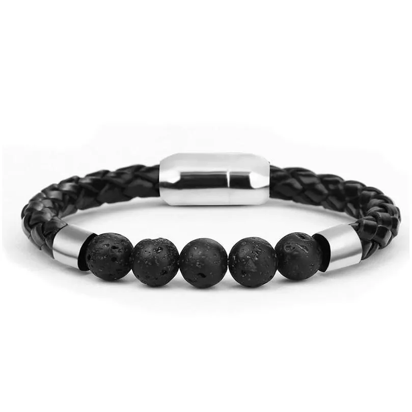 Charm Bracelets Mens Black Leather Beaded Braclets Titanium Steel Man Chakra Jewelry Wholesale Stainless Stone Bracelets Drop Delivery Dhiv9