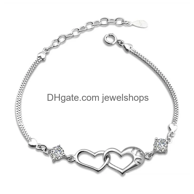 Charm Bracelets S925 Stamped Bracelets Double Heart 925 Sterling Sier Charm Fashion Crystal Diamond Chain Bracelet Jewelry For Women G Dhf1H