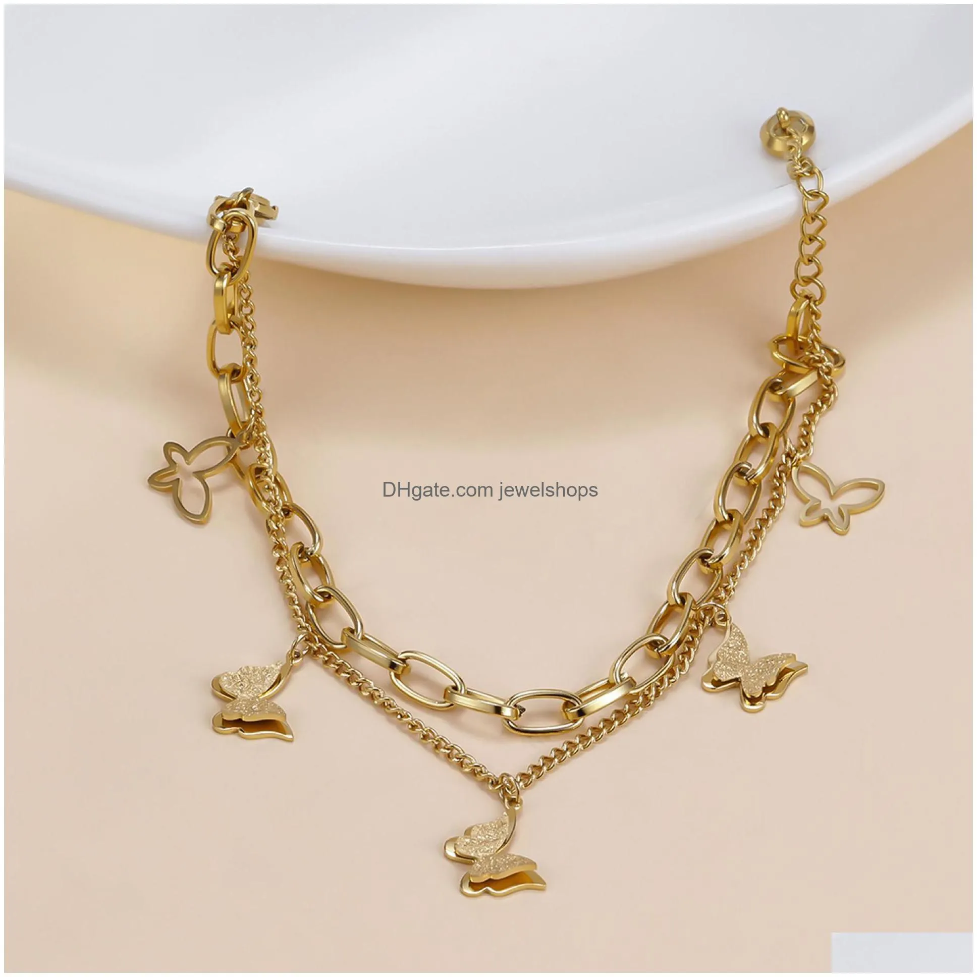 Charm Bracelets Frosted Butterfly Charm Bracelets Double Layer Not Fade 18K Gold Plated Titanium Steel Link Chain Bangles Women Fashio Dh9Ay