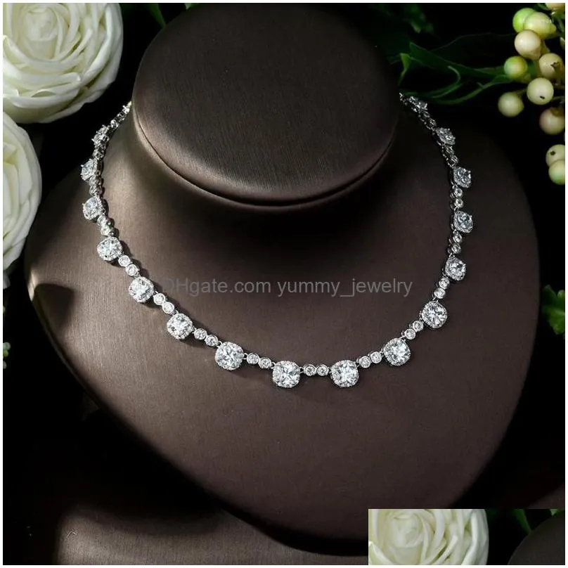 Earrings & Necklace Necklace Earrings Set Fashion Luxurious White Gold-Color Simple Design Cz Tiny Round Stone Chain Bridal Wedding Gi Dhghb