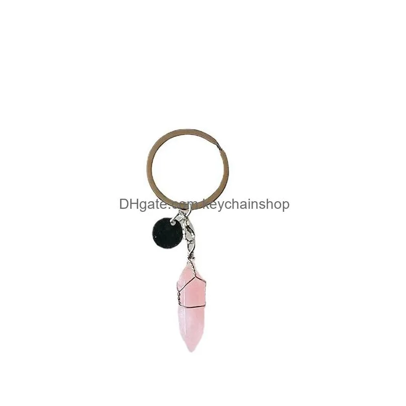 Keychains & Lanyards Wire Wrap Hexagon Prism Reiki Healing Natural Stone Keychains Chakra Amethyst Pink Rose Crystal Key Rings Keyring Dhcs3