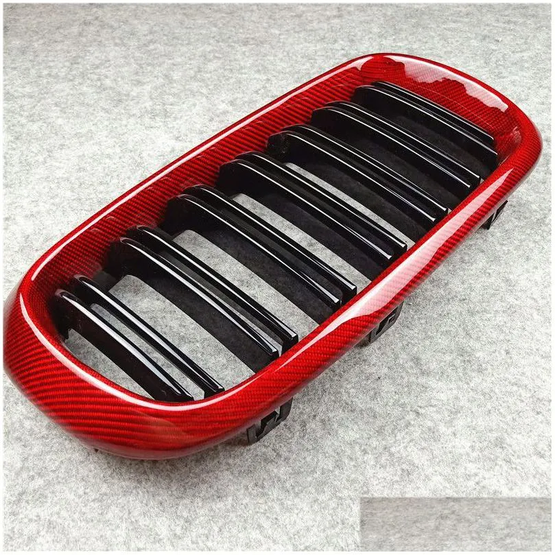 custom made f15 f16 dual line glossy car racing grille for bmw x5 x6 red carbon front kidney grill grilles