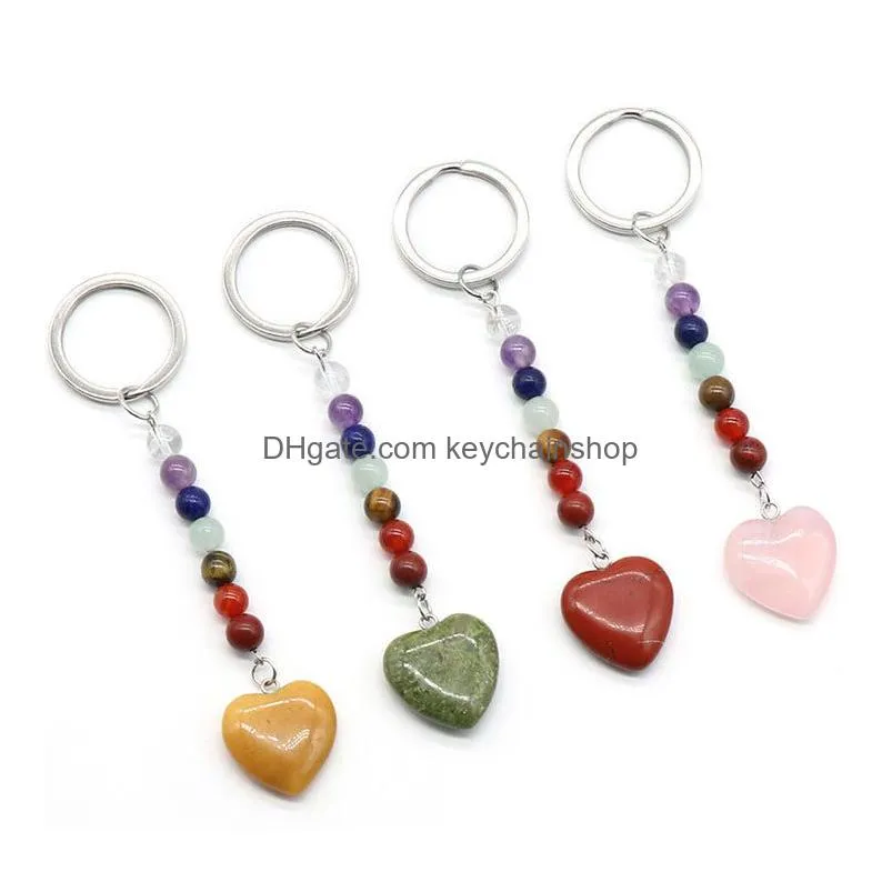 Keychains & Lanyards Love Heart Stone Key Rings 7 Colors Chakra Beads Chains Charms Keychains Healing Crystal Keyrings For Women Men D Dhykt