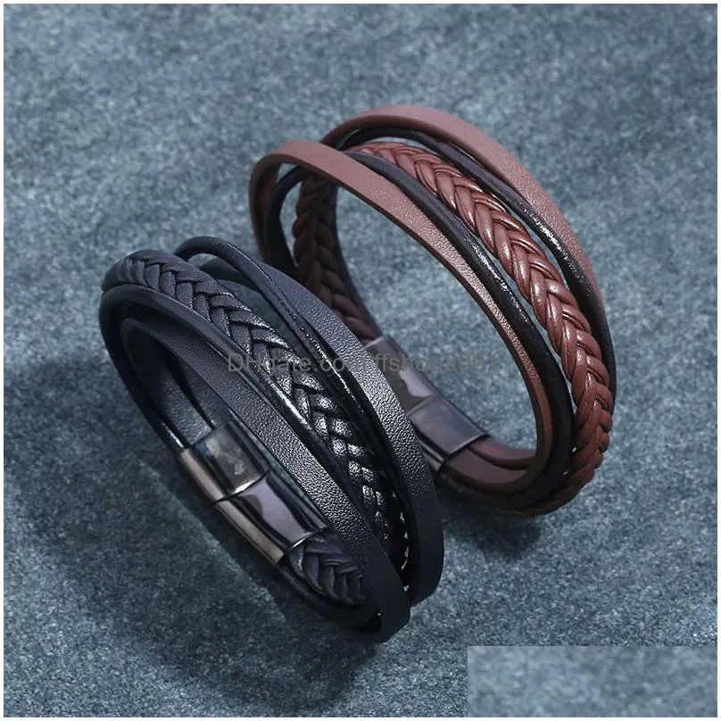 Charm Bracelets Retro Mens Leather Braided Bracelet Mtilayer Stainless Steel Clasp Bracelets Fashion Jewelry Will And Sandy Gift Drop Dhvek