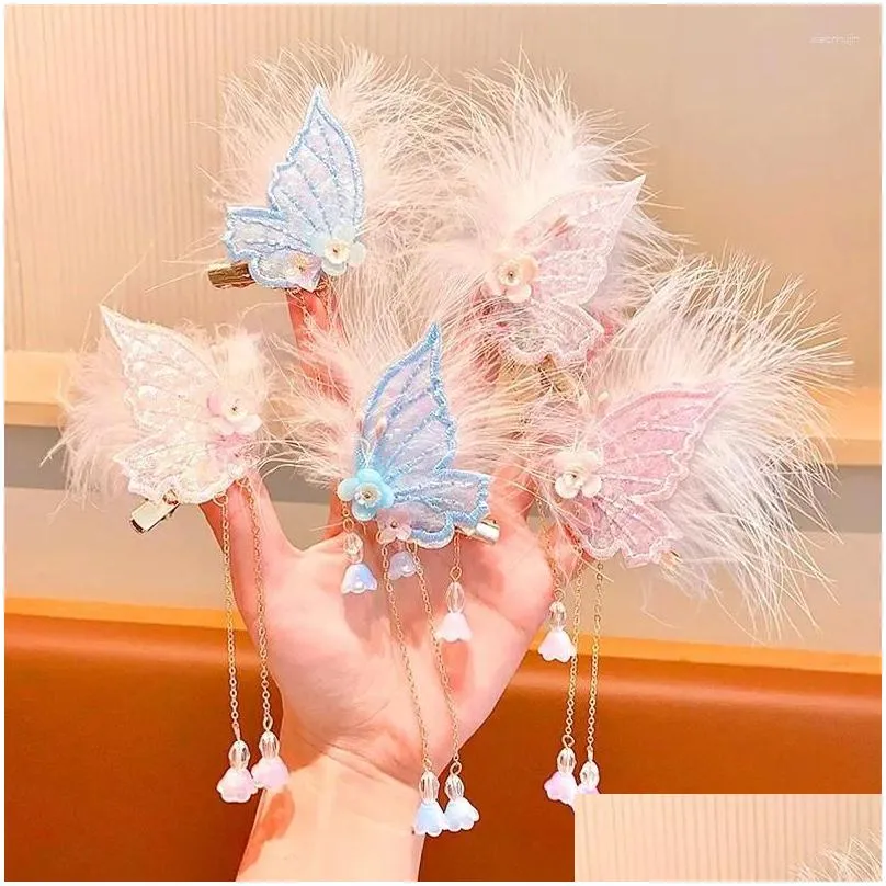 Hair Accessories 1 Pair Elegant Tassel Butterfly Hairpin For Children White Color Feather Side Clip Vintage Hairclip Girl