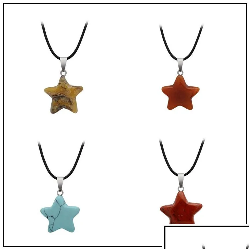 moon star pendant necklace fashion jewelry for women men girl gift natural crystal quartz stone turquoise heart charm necklace with pu leather wax rope