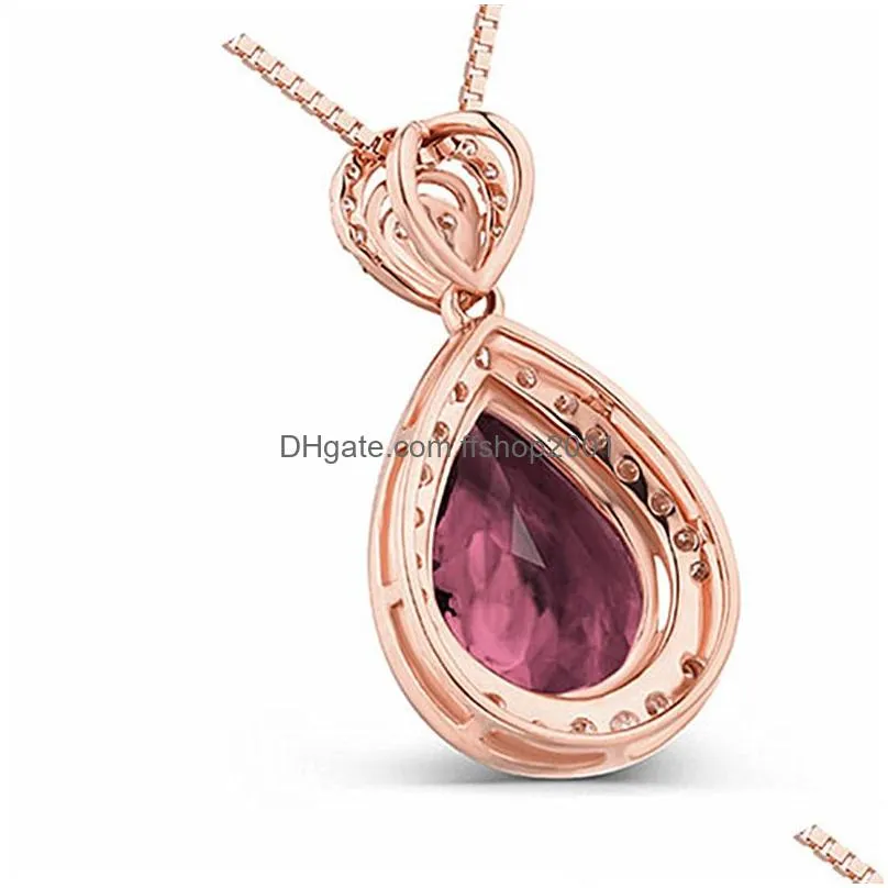 Pendant Necklaces Red Gemstone Water Drop Necklace Rose Gold Chains Diamond Pendant Necklaces Women Wedding Jewelry Will And Sandy Gif Dhcou